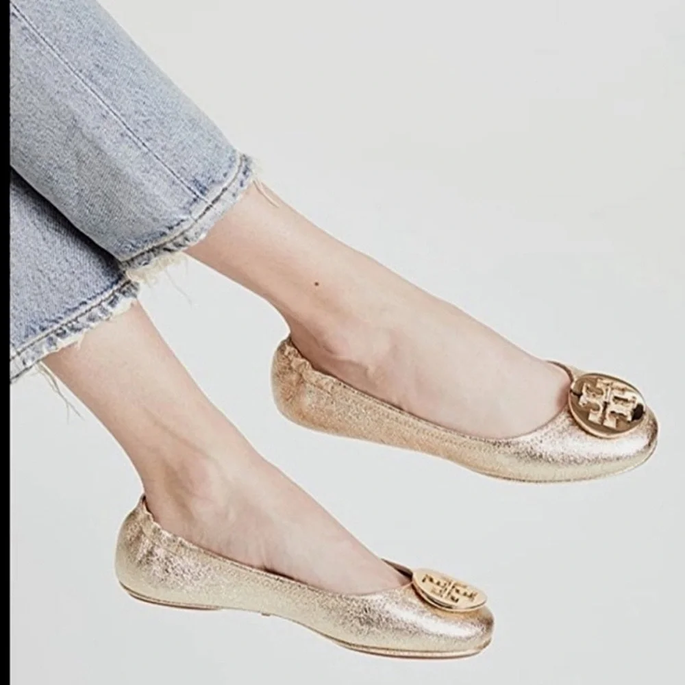 Tory Burch Reva Gold Metallic Ballet Flats Grained Leather Logo Size 7 Y2K